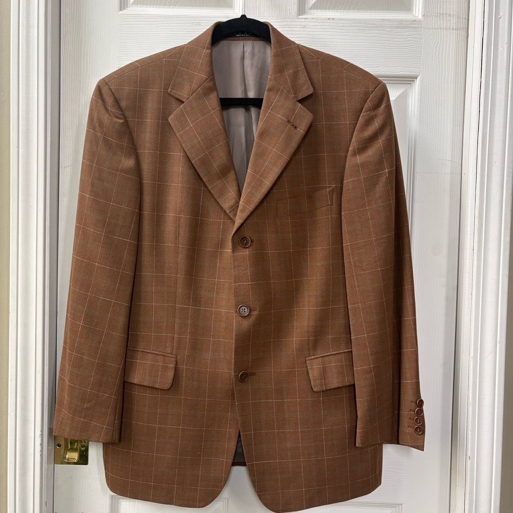Hugo Boss 100% Virgin Wool Sport Coat Jacket Brown Window Pane Plaid 40R